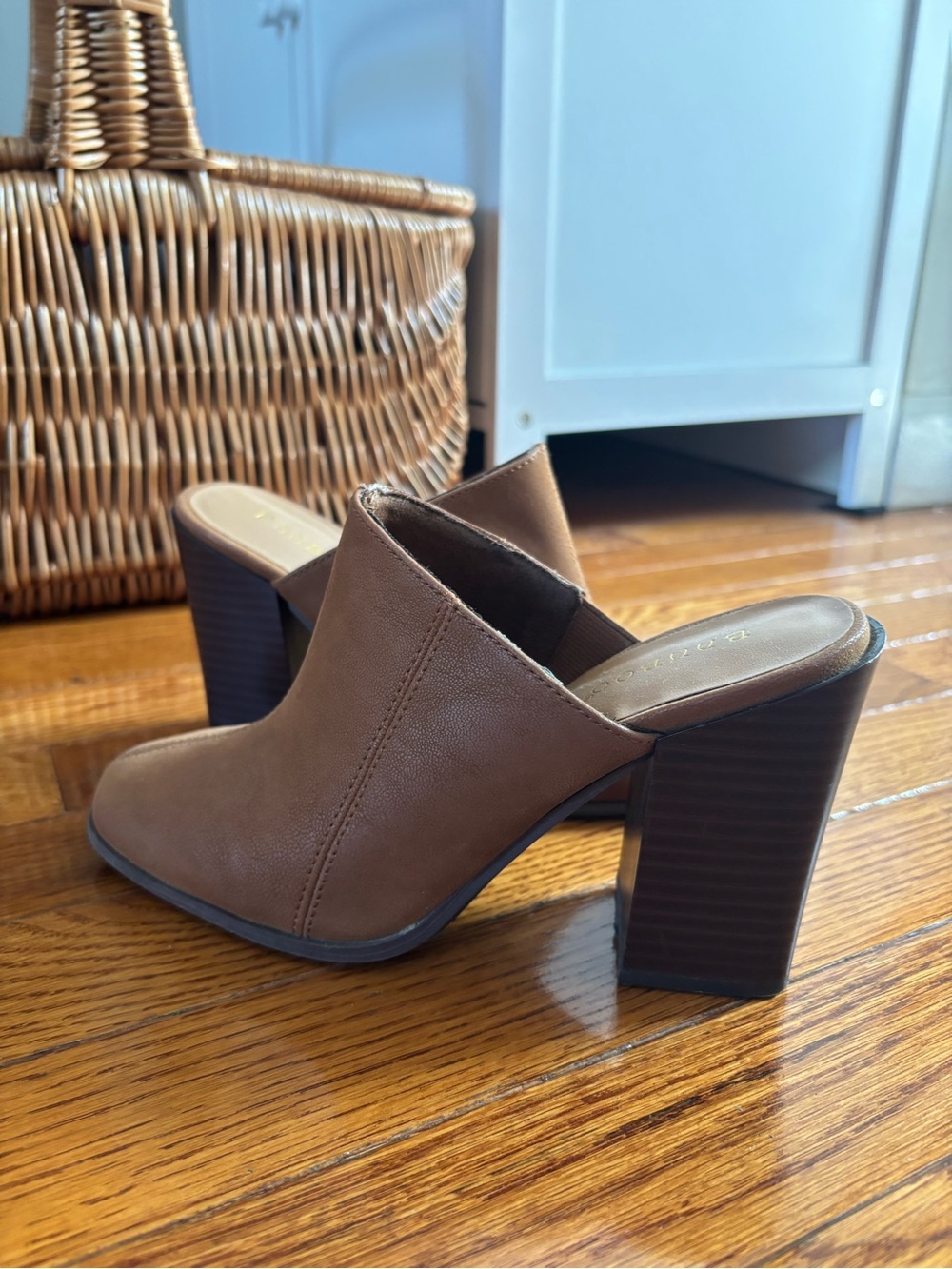 BAMBOO Brown Block Heel Ankle Bootie Mule